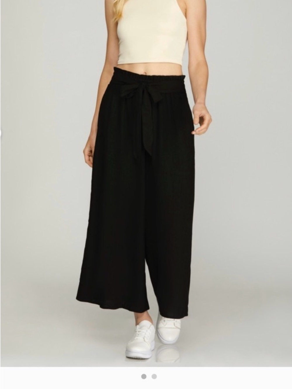 She + Sky Black Tie Waist Wide Leg Capri Pants Linen Blend Pockets Womens